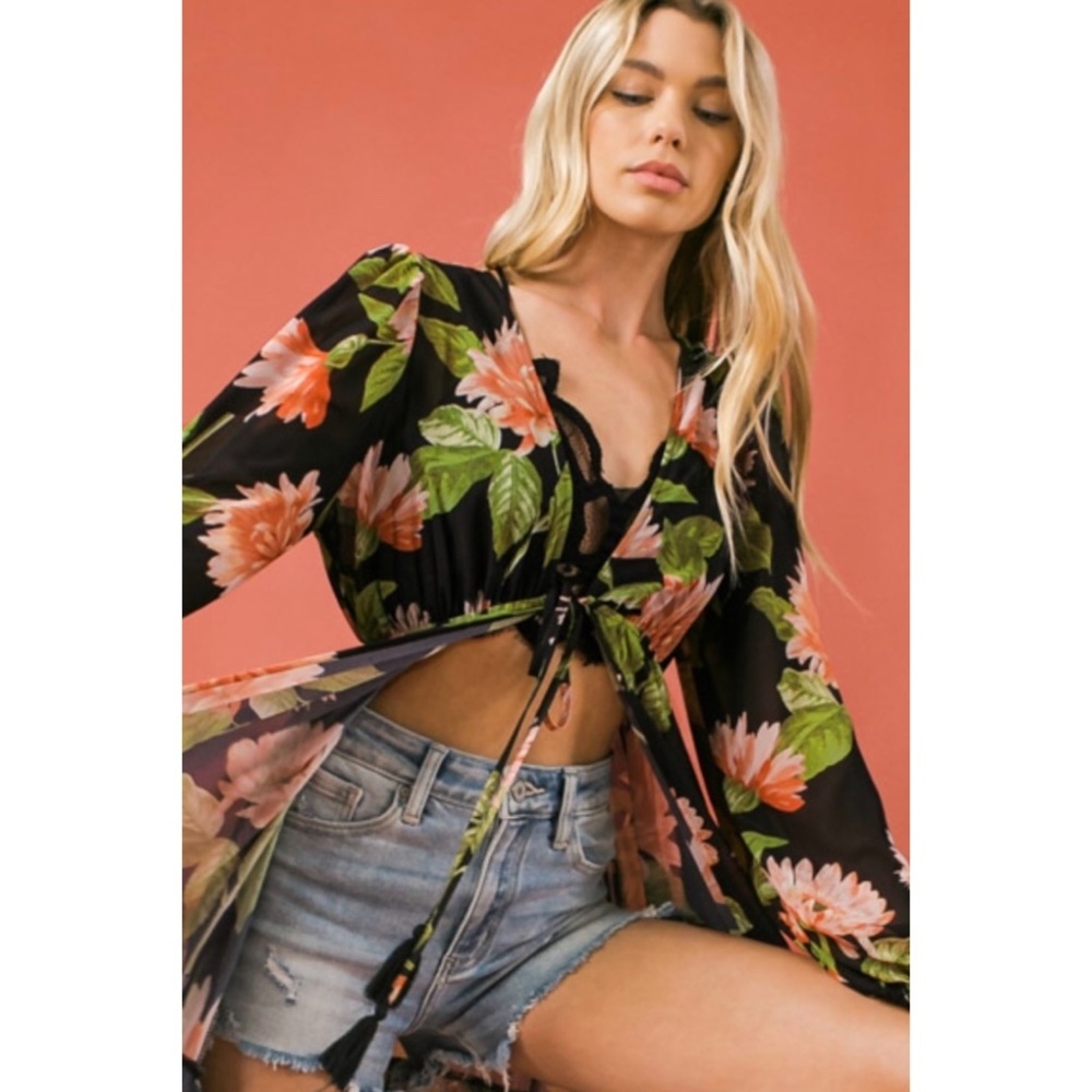 Flying Tomato Tropical Print Long Sleeve Maxi Top - Picture 9 of 9